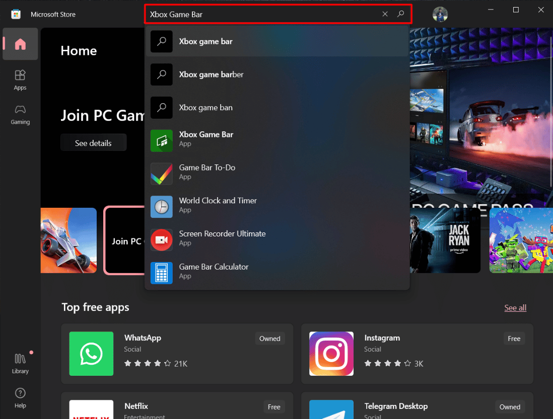 Buscar en la barra de juegos de Xbox