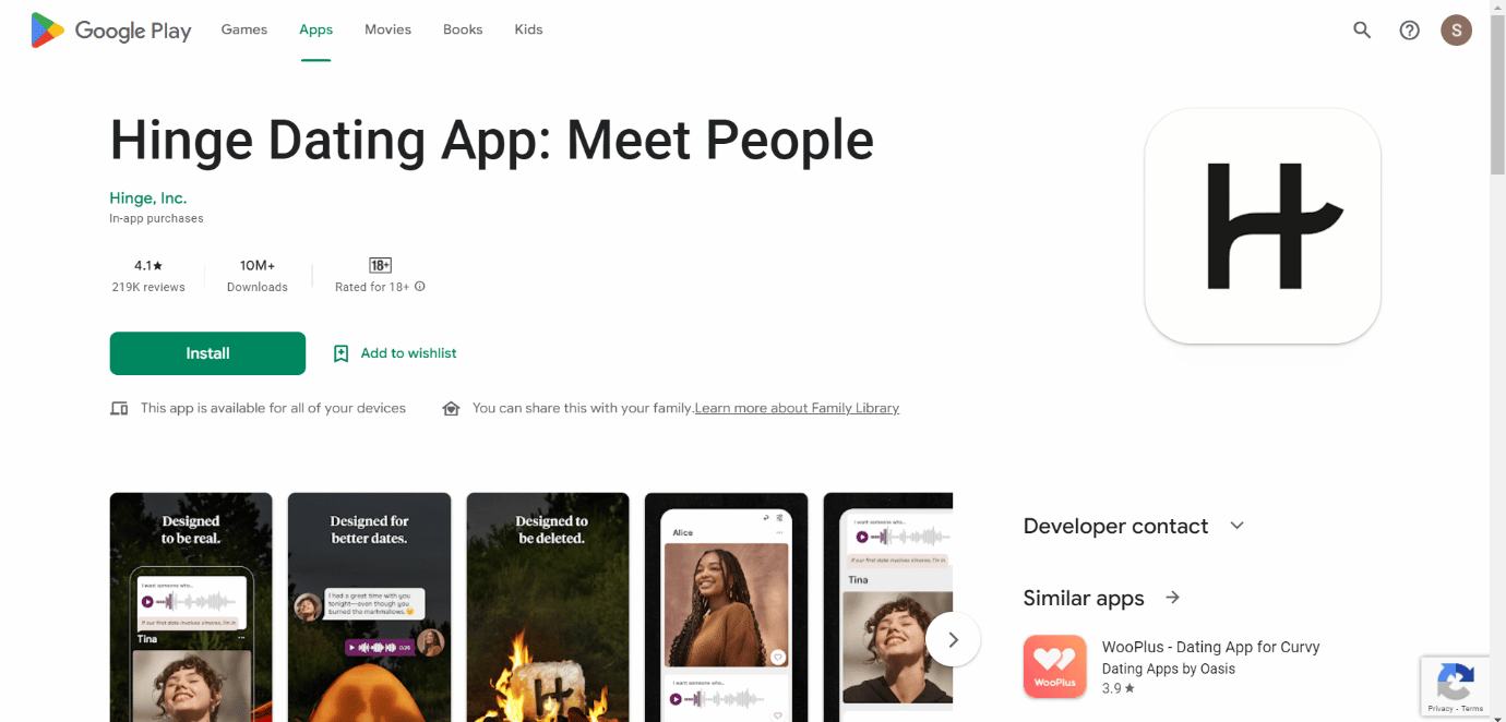 Facilidad de uso de la página de instalación de la aplicación Hinge