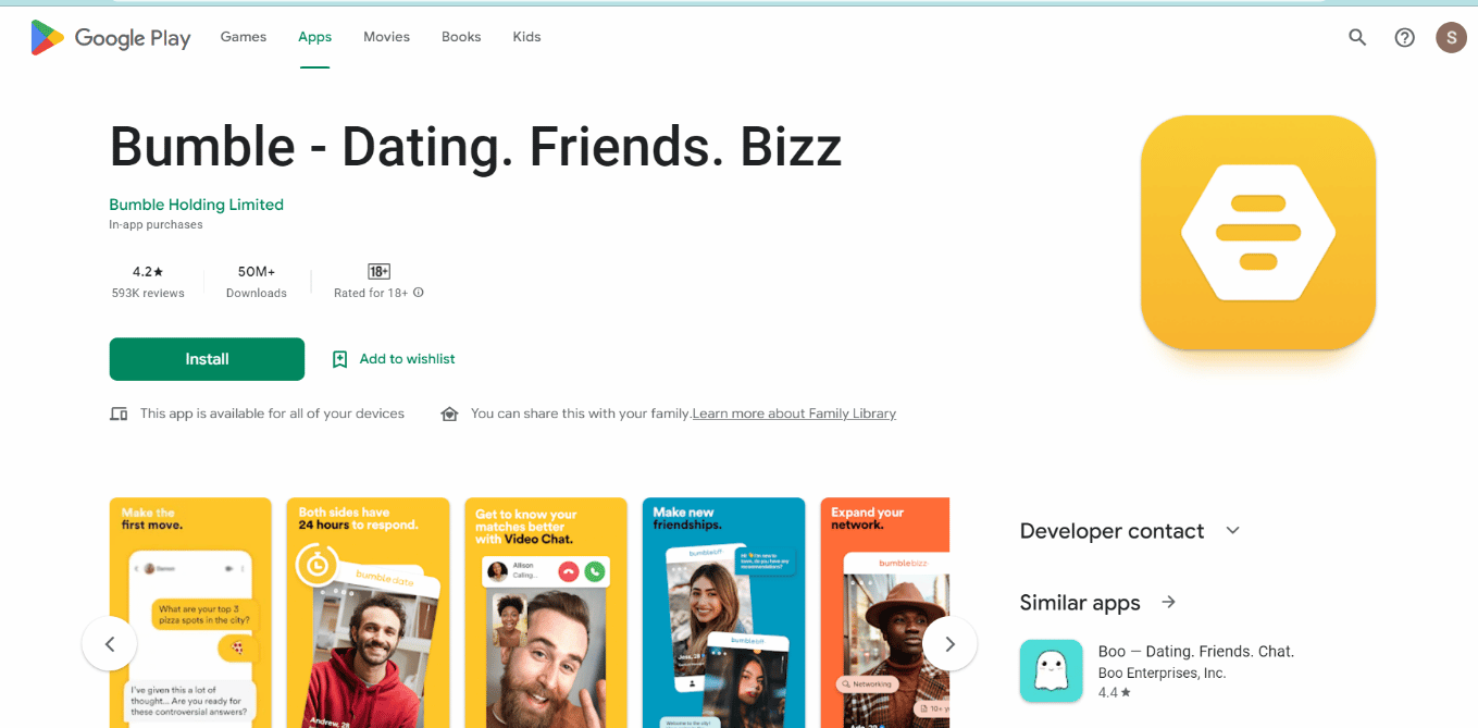 Página de instalación de la aplicación Bumble 