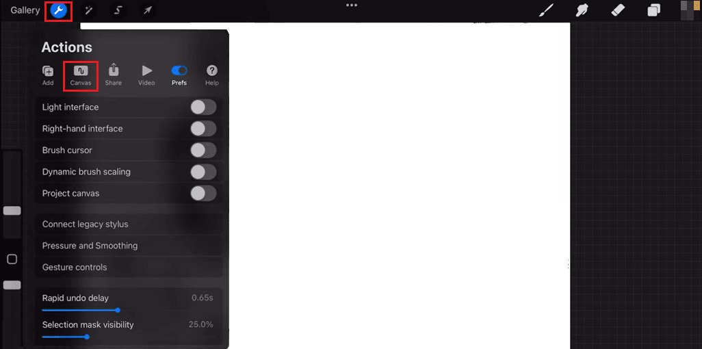 seleccione el menú Canvas en la configuración de procreate