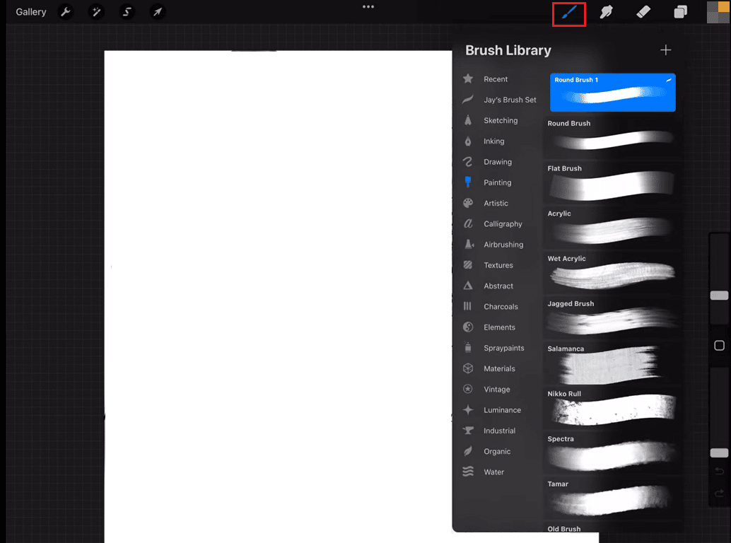 seleccione la herramienta de pincel en la aplicación Procreate.  Arreglar el color de relleno de Procreate que no funciona
