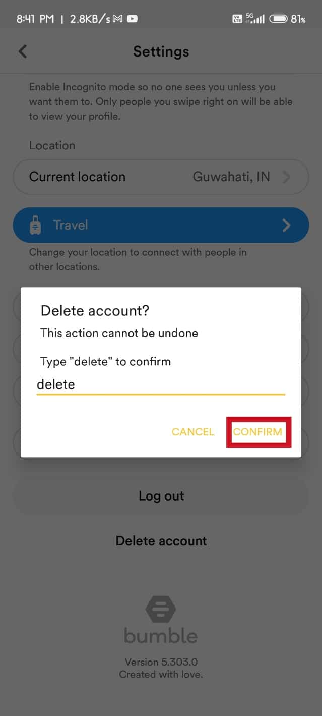 toca Confirmar |  Cómo restablecer Bumble