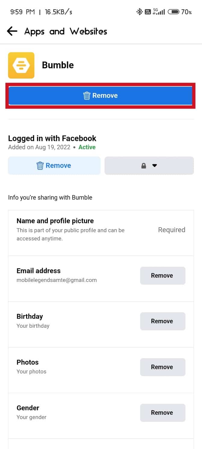 Toque el botón Eliminar |  Cómo restablecer Bumble