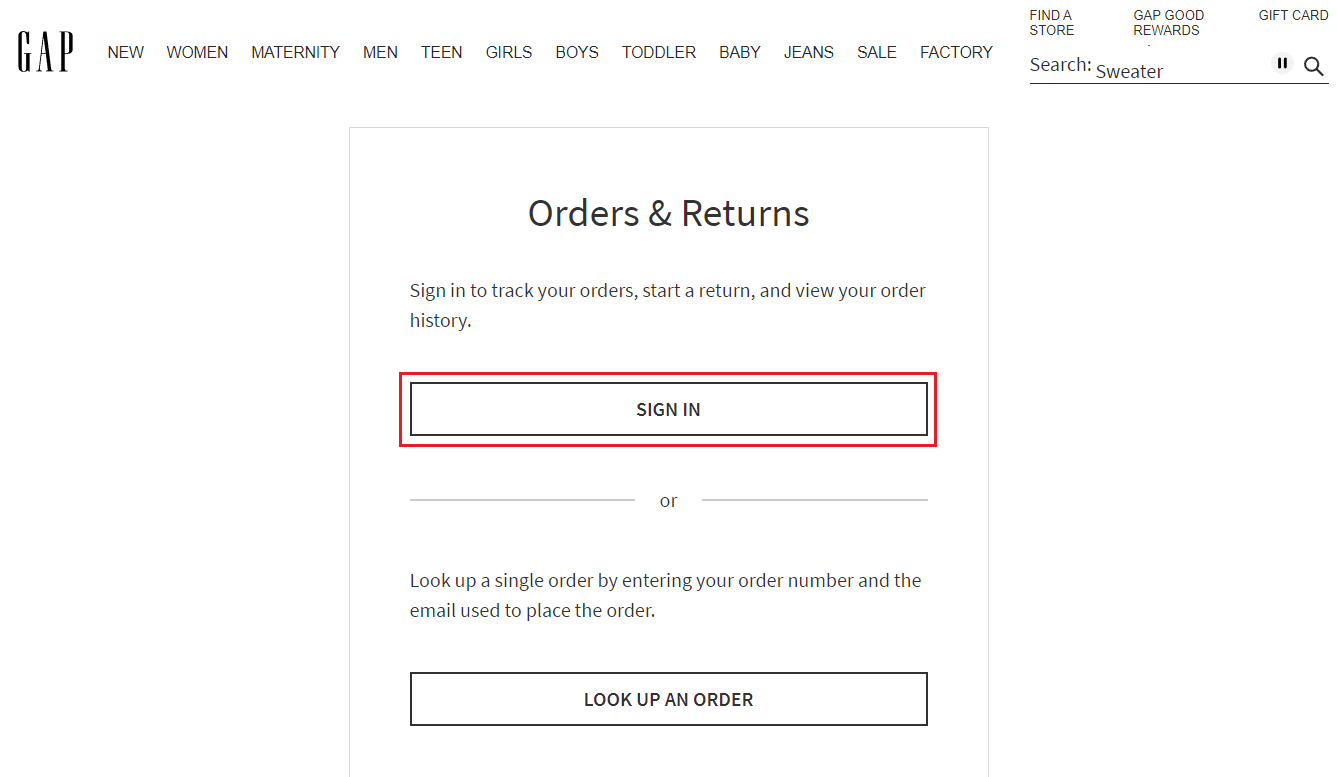 Página de pedidos y devoluciones de Gap