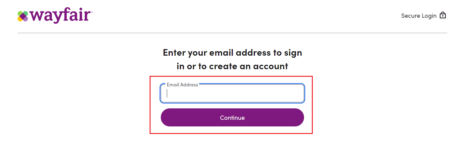 ingrese su dirección de correo electrónico y haga clic en Continuar | Cómo cambiar de Wayfair Professional a Regular