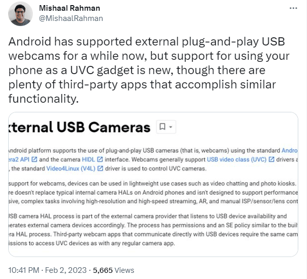 El reciente tuit DeviceAsWebcam de Mishaal Rahman 2 | Android puede obtener soporte nativo para teléfono como cámara web