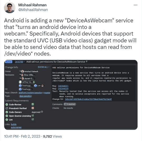 El reciente tuit DeviceAsWebcam de Mishaal Rahman 1