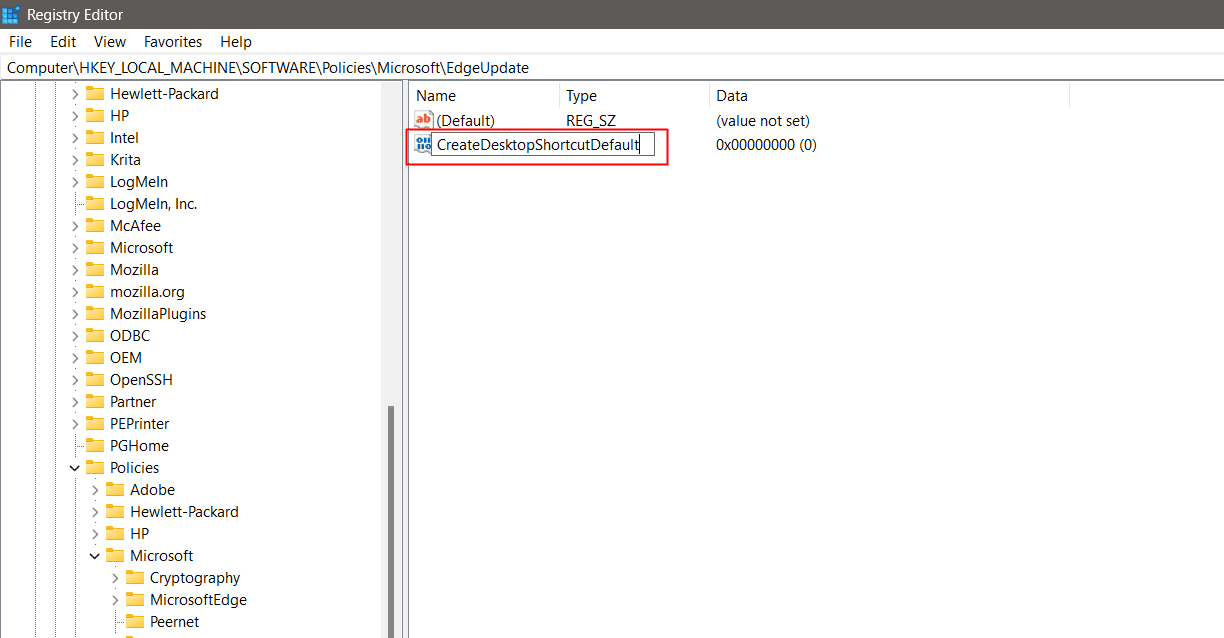 renombrado como CreateDesktopShortcutDefault.  Arreglar el acceso directo de Microsoft Edge sigue apareciendo en el escritorio
