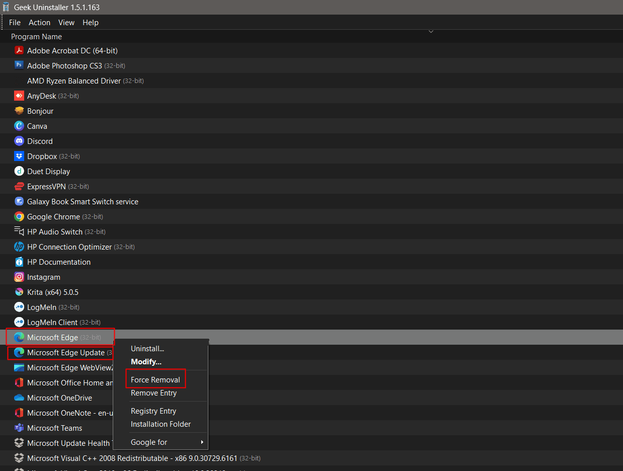 Eliminación de Microsoft Edge Force en Geek Uninstaller