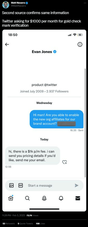 Segundo tweet que confirma que Twitter cobrará $ 1000 por mes por Golden Checkmark