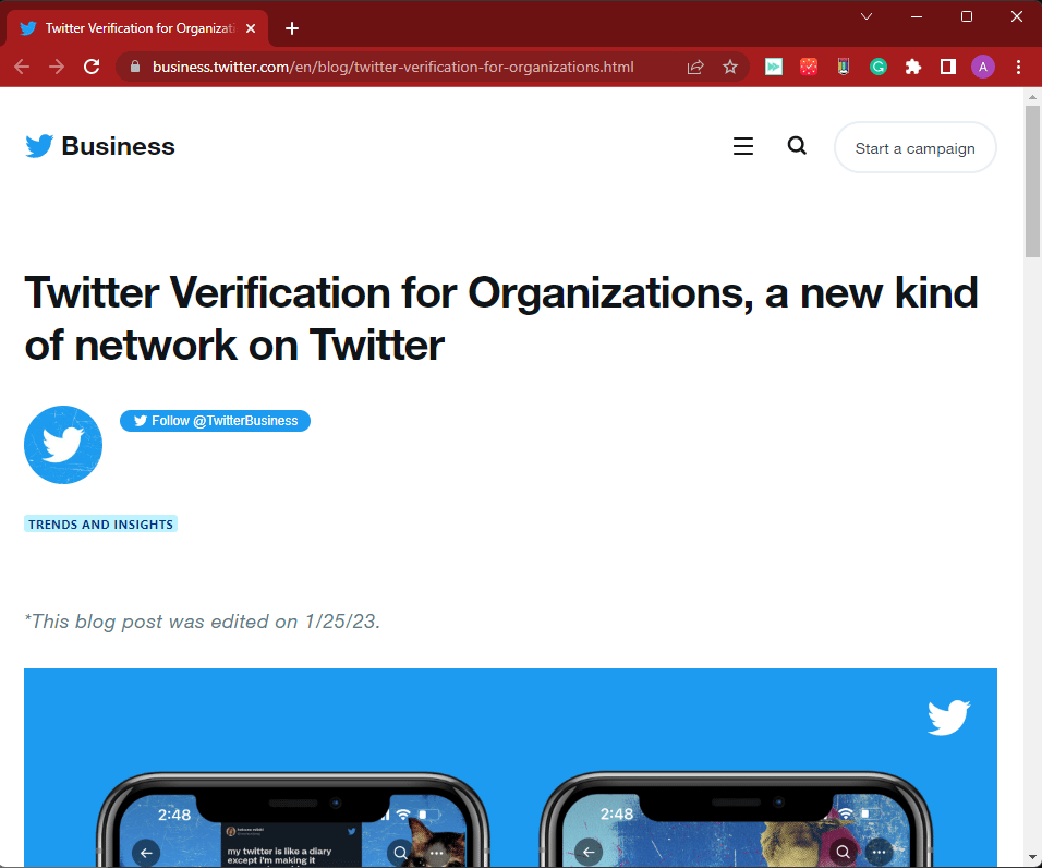 Blog oficial de Twitter sobre verificación para organizaciones