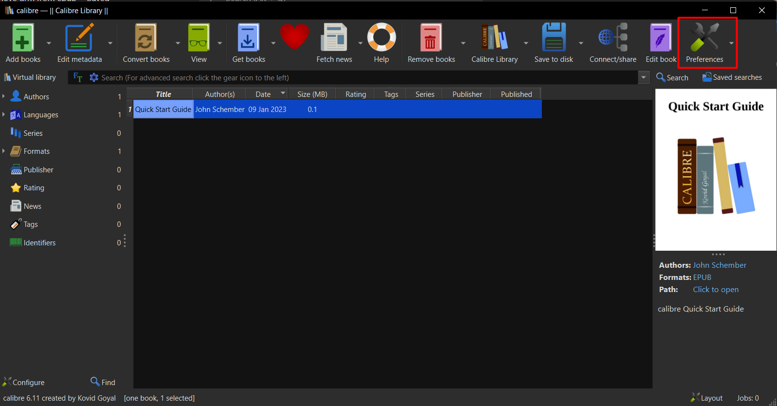 Inicie Calibre y haga clic en Preferencias |  como quitar drm de epub
