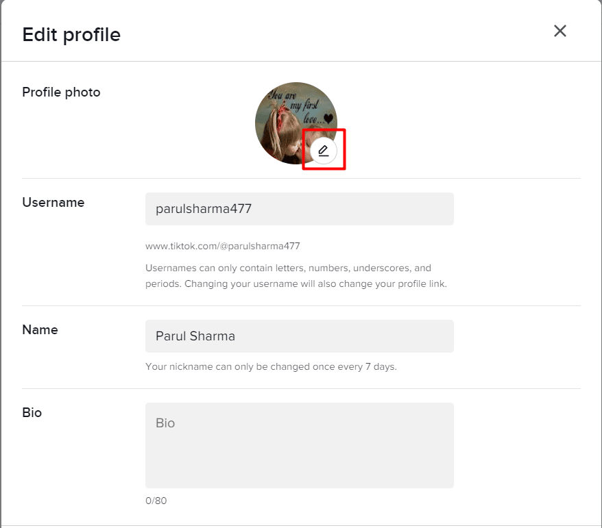 haz clic en el ícono del lápiz en tiktok |  no puedo cambiar la foto de perfil en tiktok