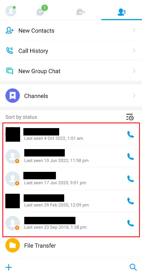 Deslice hacia abajo para ver todos los contactos de imo