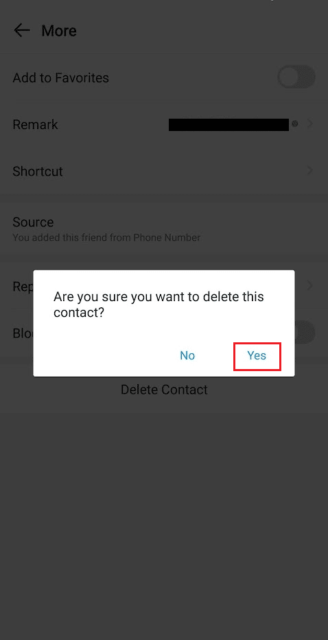 toque Sí en la ventana emergente para eliminar ese número de contacto de imo