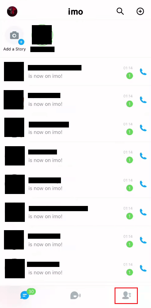 Toque la pestaña Contactos en la esquina inferior derecha