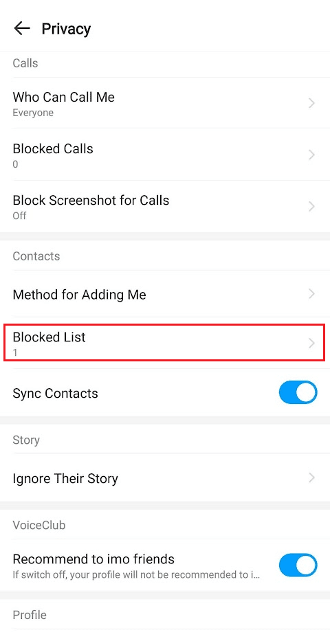 En la sección Contactos, toque la opción Lista bloqueada | Cómo eliminar contactos de imo