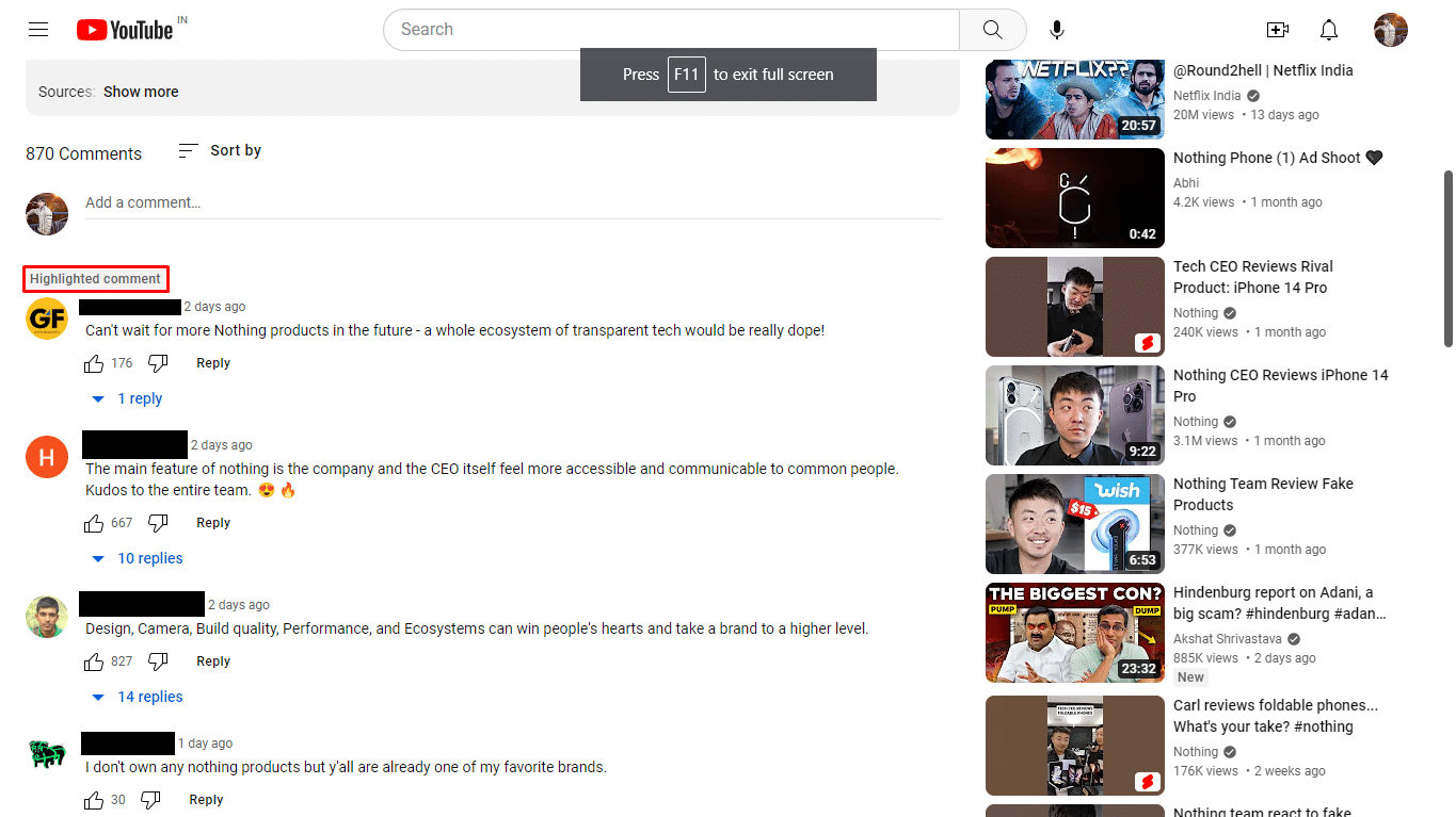 Comentario destacado Youtube