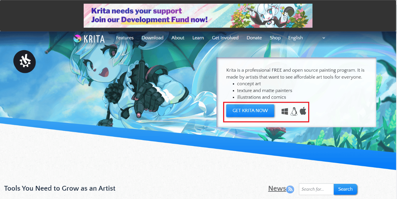 Abra el sitio web oficial de Krita y haga clic en OBTENGA KRITA AHORA.  ¿Krita es bueno para la animación?