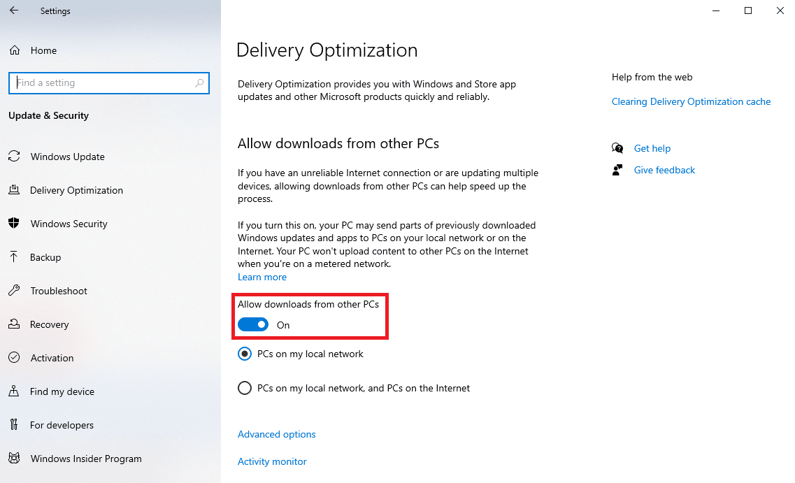 ubique y habilite Permitir descargas desde otras PC
