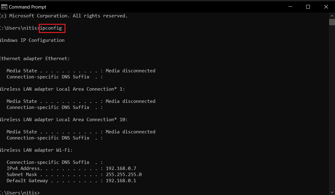 escriba el comando ipconfig en el símbolo del sistema
