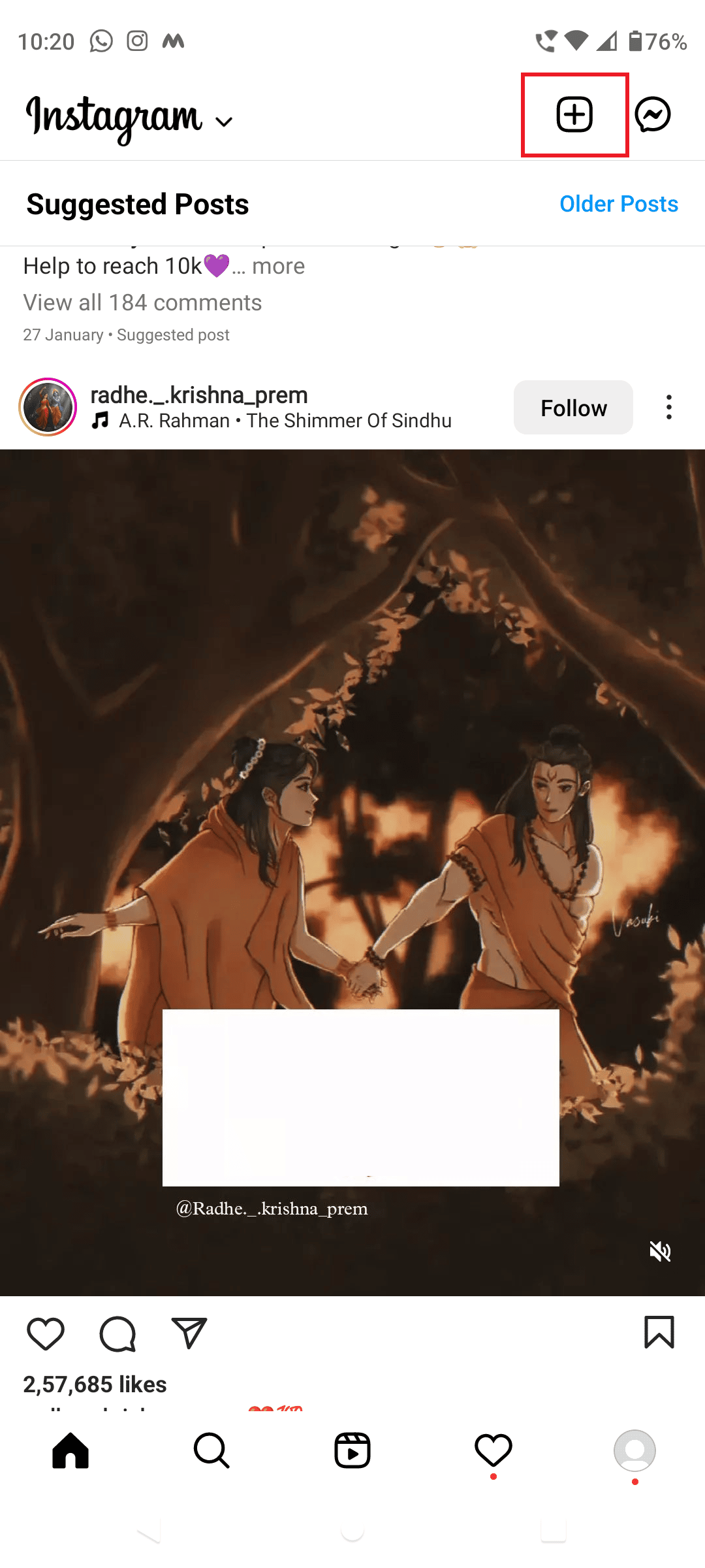 Toca el ícono + en Instagram