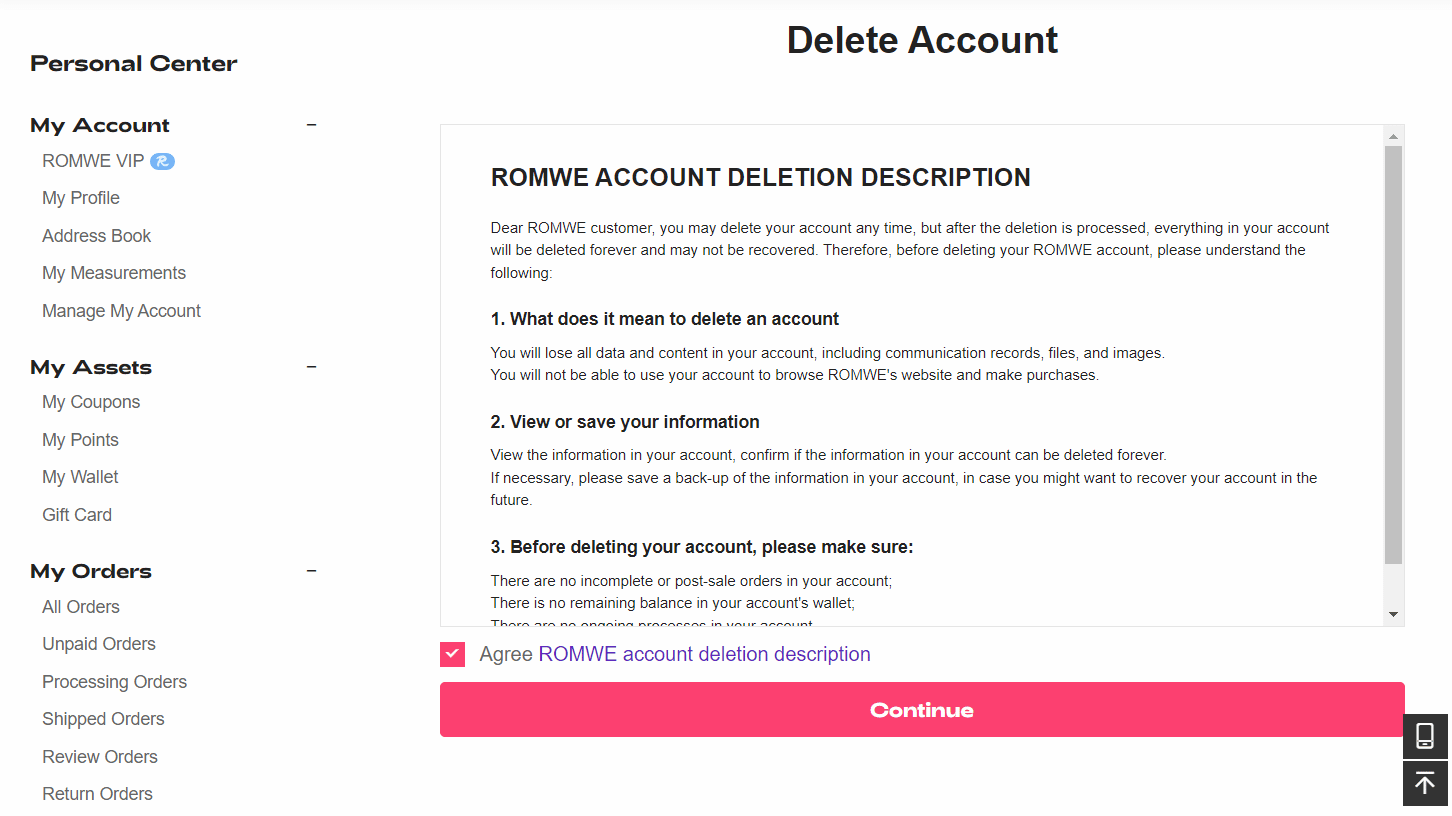 marque Aceptar la descripción de eliminación de la cuenta ROMWE y haga clic en Continuar en romwe