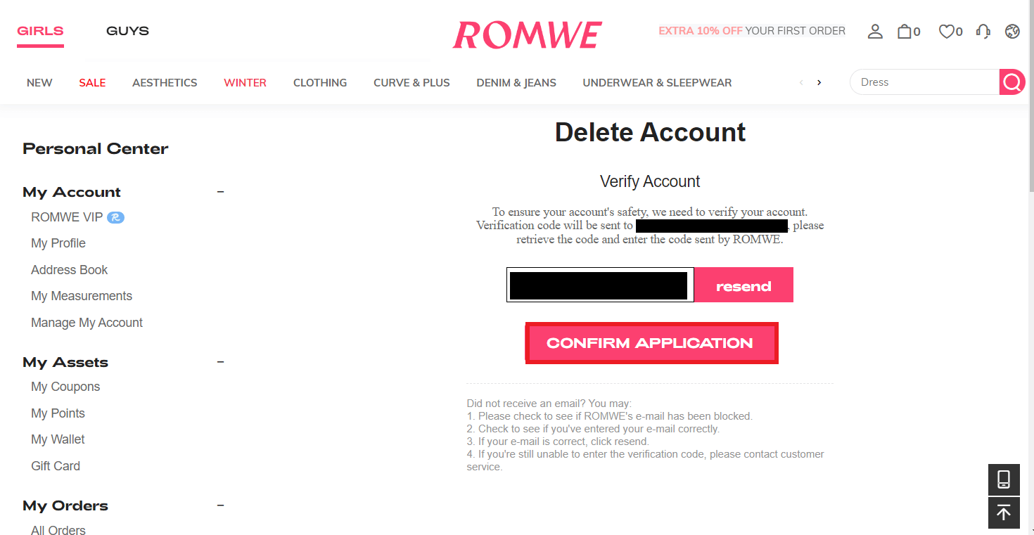 Vaya a Gmail y copie y pegue el código de verificación de la cuenta y haga clic en CONFIRMAR APLICACIÓN en romwe