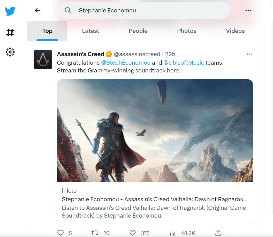 Captura de pantalla de Twitter del mensaje de felicitación de Assassin's Creed Assassin's Creed Valhalla gana el Grammy en el Oscar pero no sin Comedy of Errors