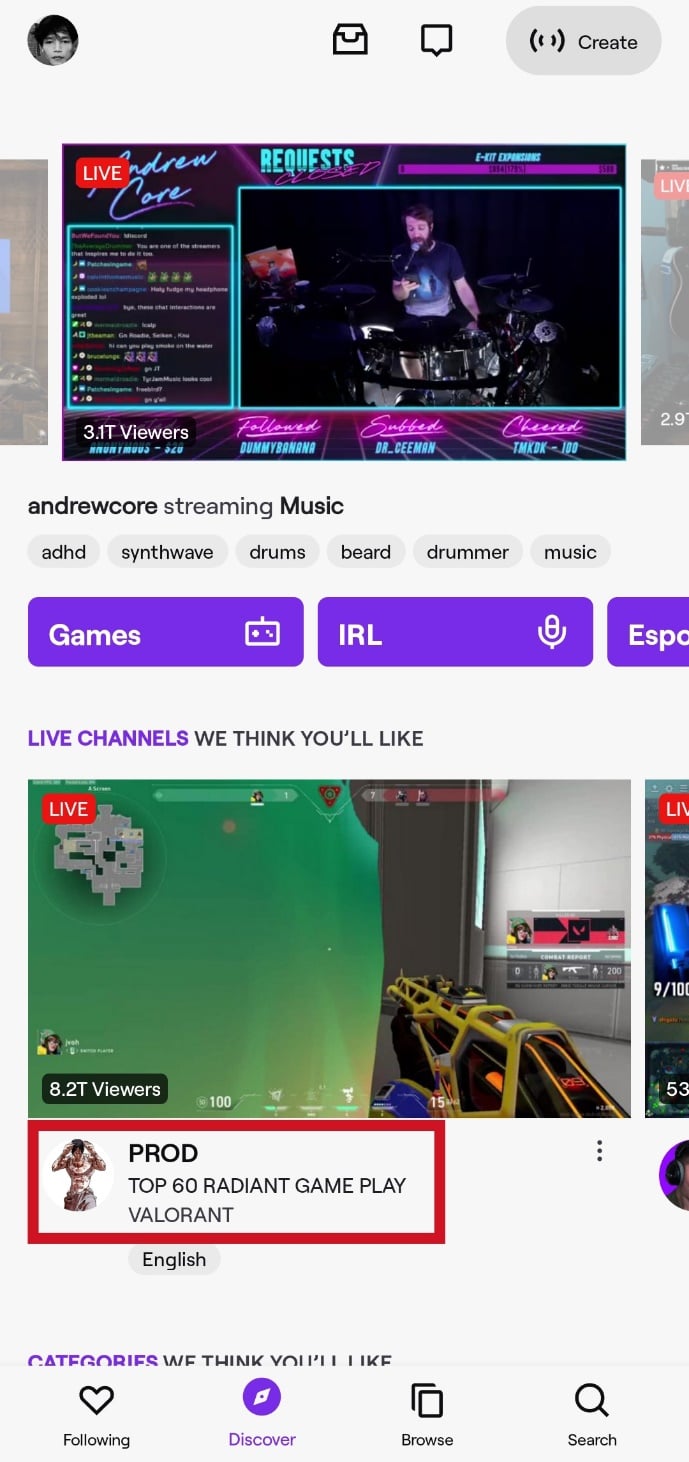 Ve al canal de un streamer de Twitch tocando su avatar o nombre | Cómo suscribirse con Twitch Prime en dispositivos móviles