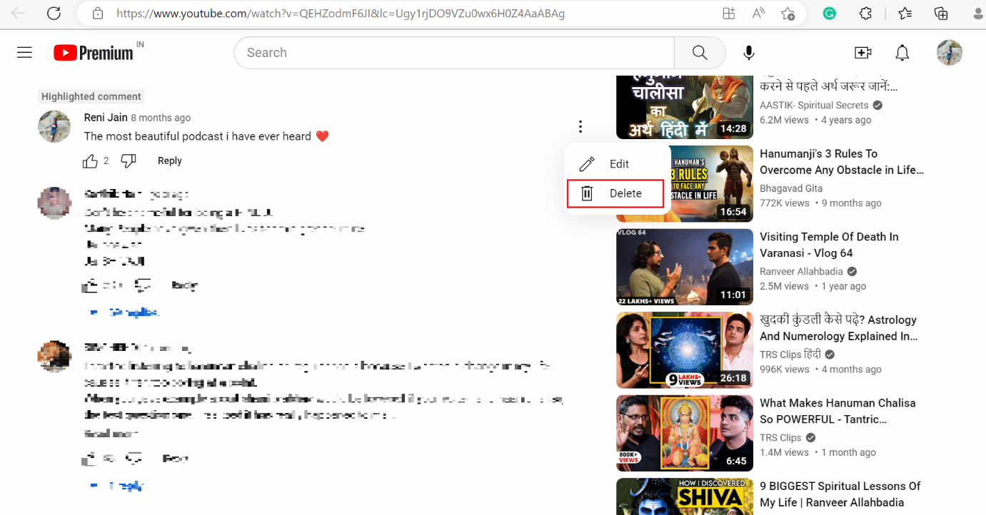 borrar comentario youtube