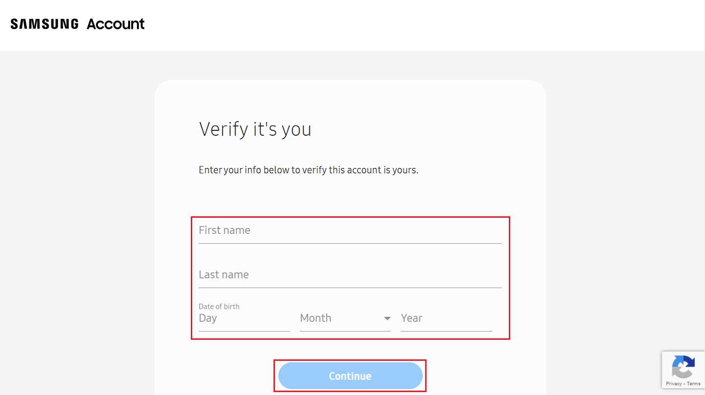 Ingrese su nombre y fecha de nacimiento y haga clic en Continuar |  Cómo cambiar el correo electrónico de la cuenta de Samsung