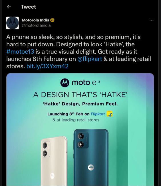 Motorola India Twittear |  Moto E13 se lanzará en India