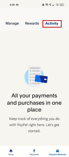 Seleccione la pestaña Actividad y luego toque la opción Estado de cuenta.  |  Cómo eliminar el historial de PayPal