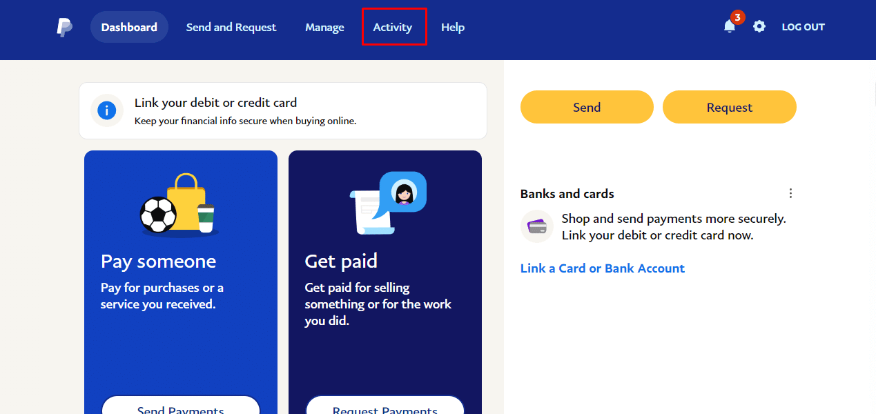 Haga clic en la opción Actividad de la barra de navegación superior. 