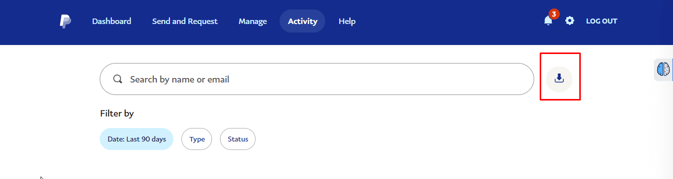 En la página Actividad, haga clic en el icono Descargar junto a la barra de búsqueda. 