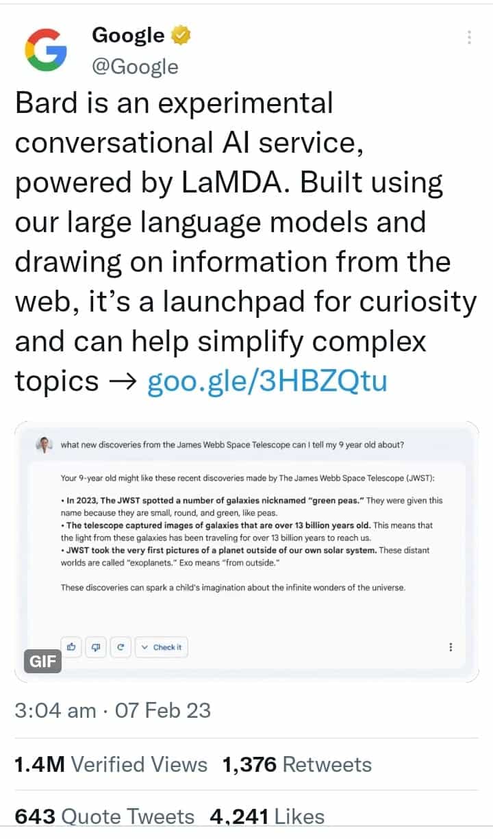 tweet de la cuenta oficial de Google presentando a bard