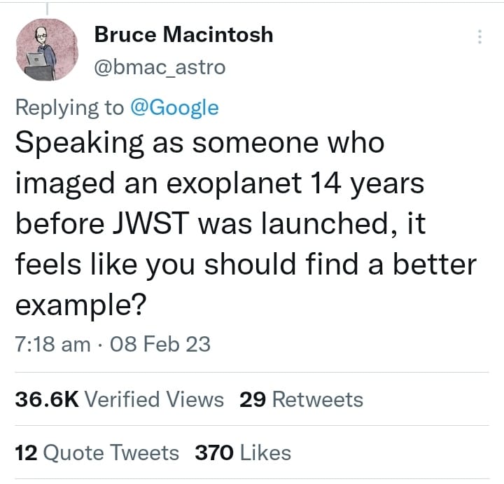 Bruce Macintosh, director de los Observatorios de la Universidad de California, también señaló el error en el resultado de la búsqueda.