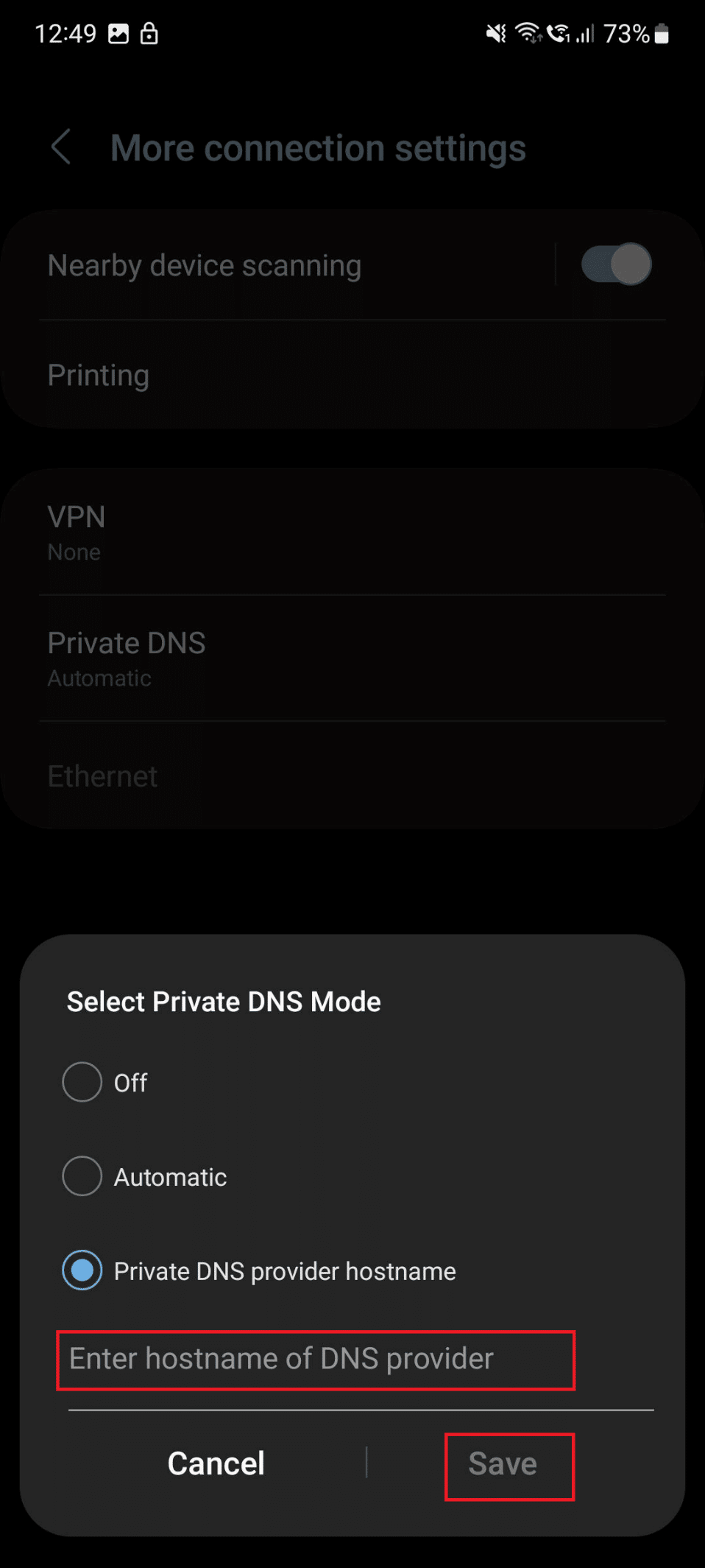 nombre de host del proveedor de DNS privado