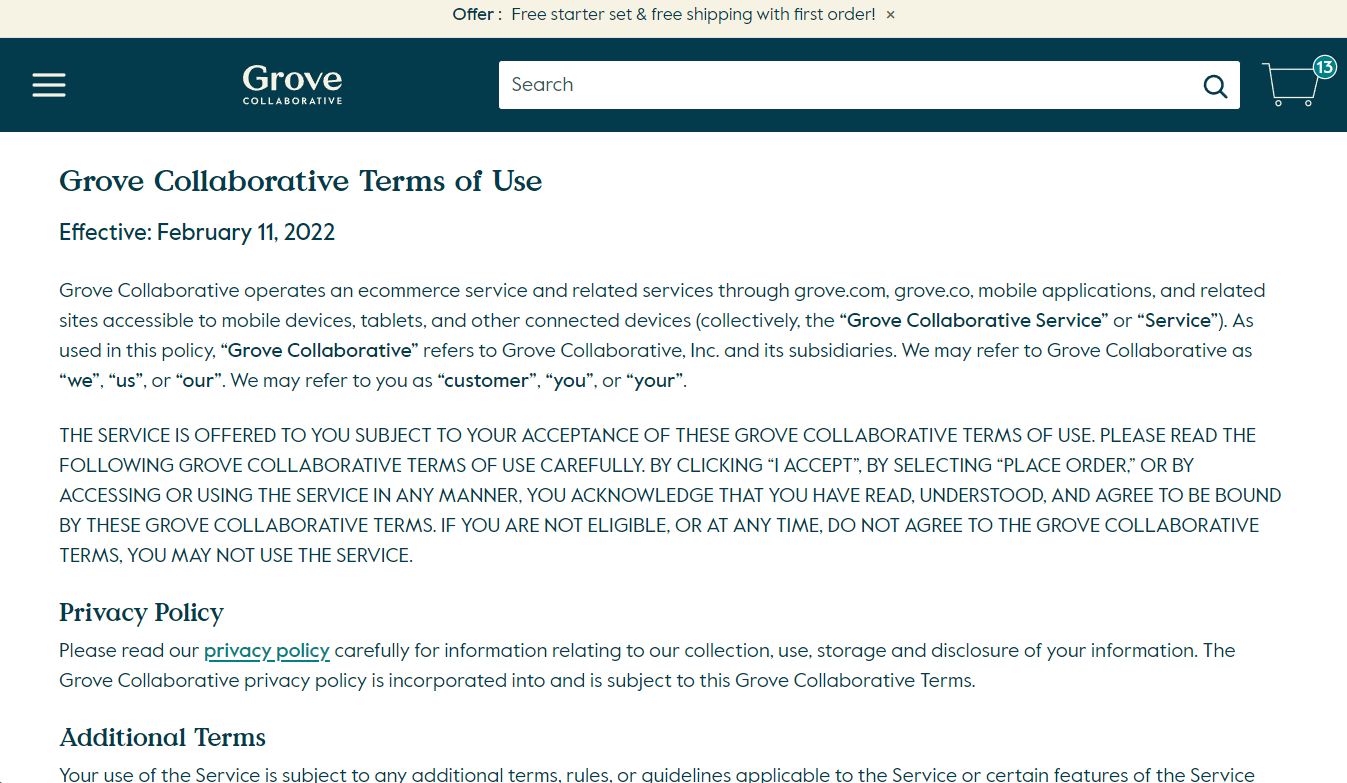 Página de términos de uso de Grove |  Política de cancelación de Grove