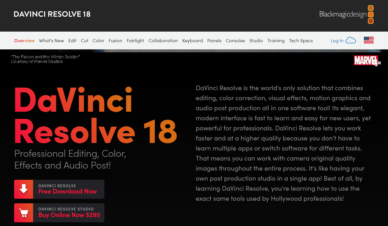 Sitio web de Da Vinci Resolve