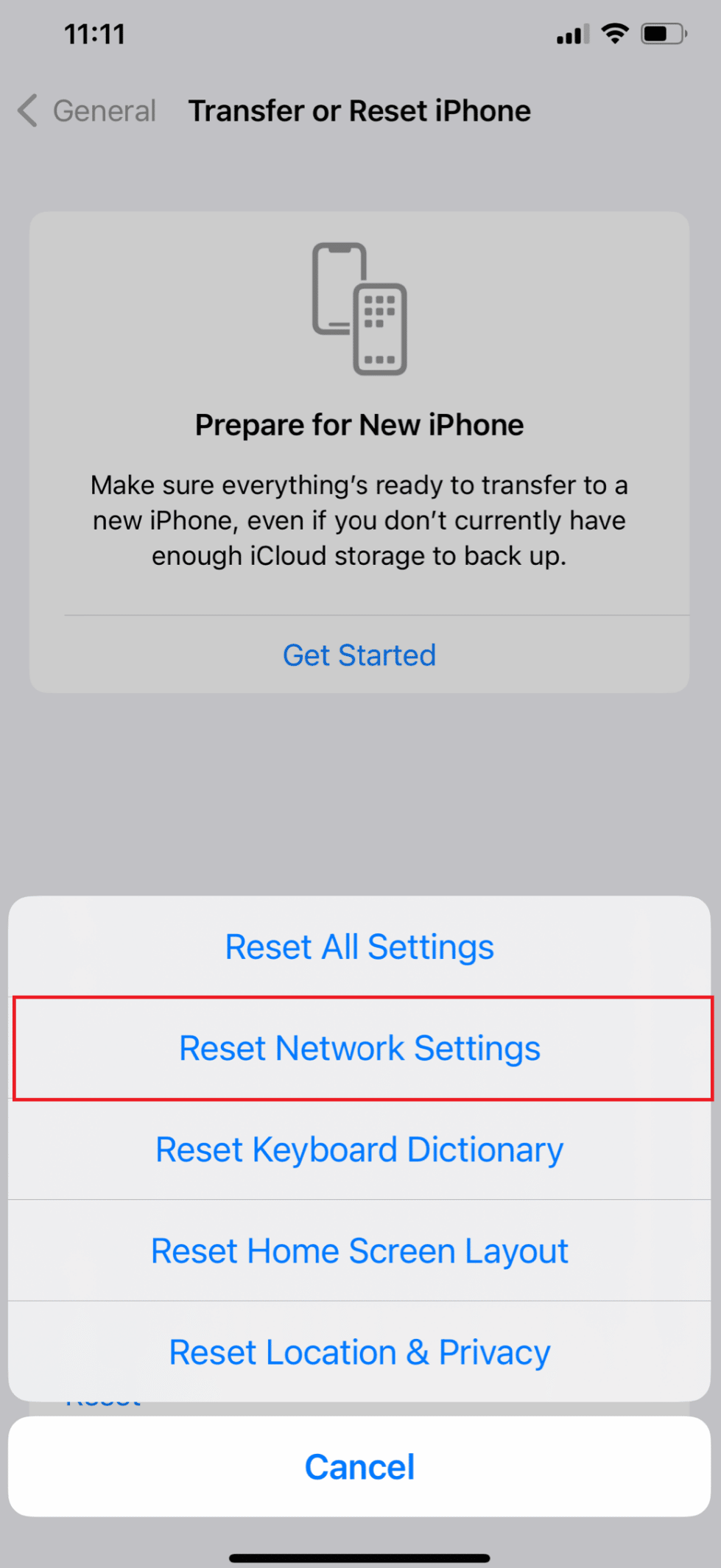 Elija Restablecer configuración de red |  iPhone no recibe mensajes de texto de Android