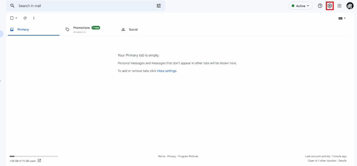haga clic en el icono de la rueda dentada |  Modo oscuro de Gmail Windows 10, 11 y iPhone
