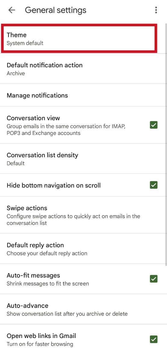 Toca la opción Tema |  Modo oscuro de Gmail Windows 10, 11 y iPhone