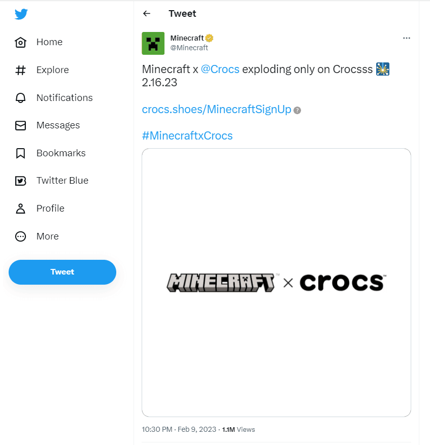 Tweet de la colección Crossover de Minecraft-Crocs