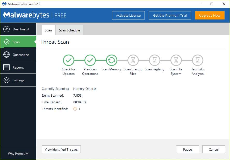  Preste atención a la pantalla Análisis de amenazas mientras Malwarebytes Anti-Malware analiza su PC |  Rockalldll.dll no encontrado