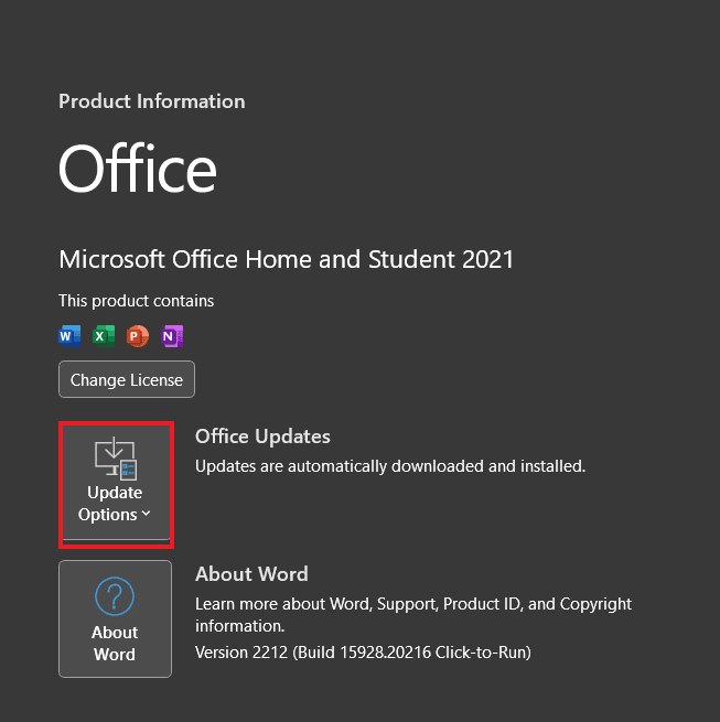Haga clic en Opciones de actualización.  9 formas de arreglar un documento de Microsoft Word quedó en blanco