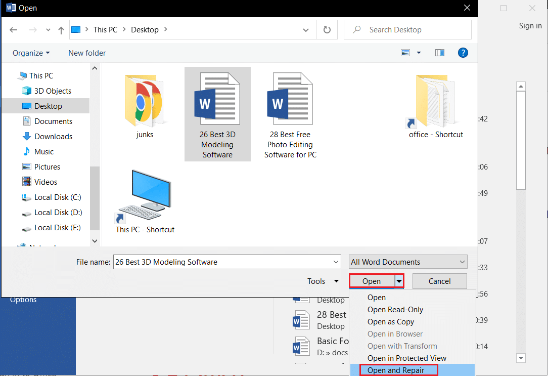 Abra y repare el archivo de Word en Microsoft Word.  Arreglar el archivo de documento de Word guardado que se abre en blanco