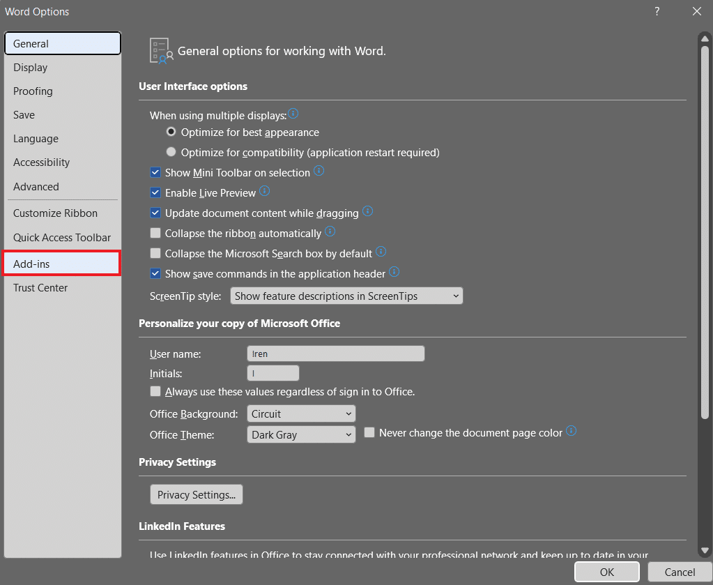 Haz clic en Complementos.  Arreglar el archivo de documento de Word guardado que se abre en blanco