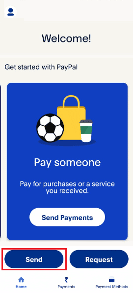 toque la aplicación paypal en enviar.  como recibir dinero en paypal de un amigo
